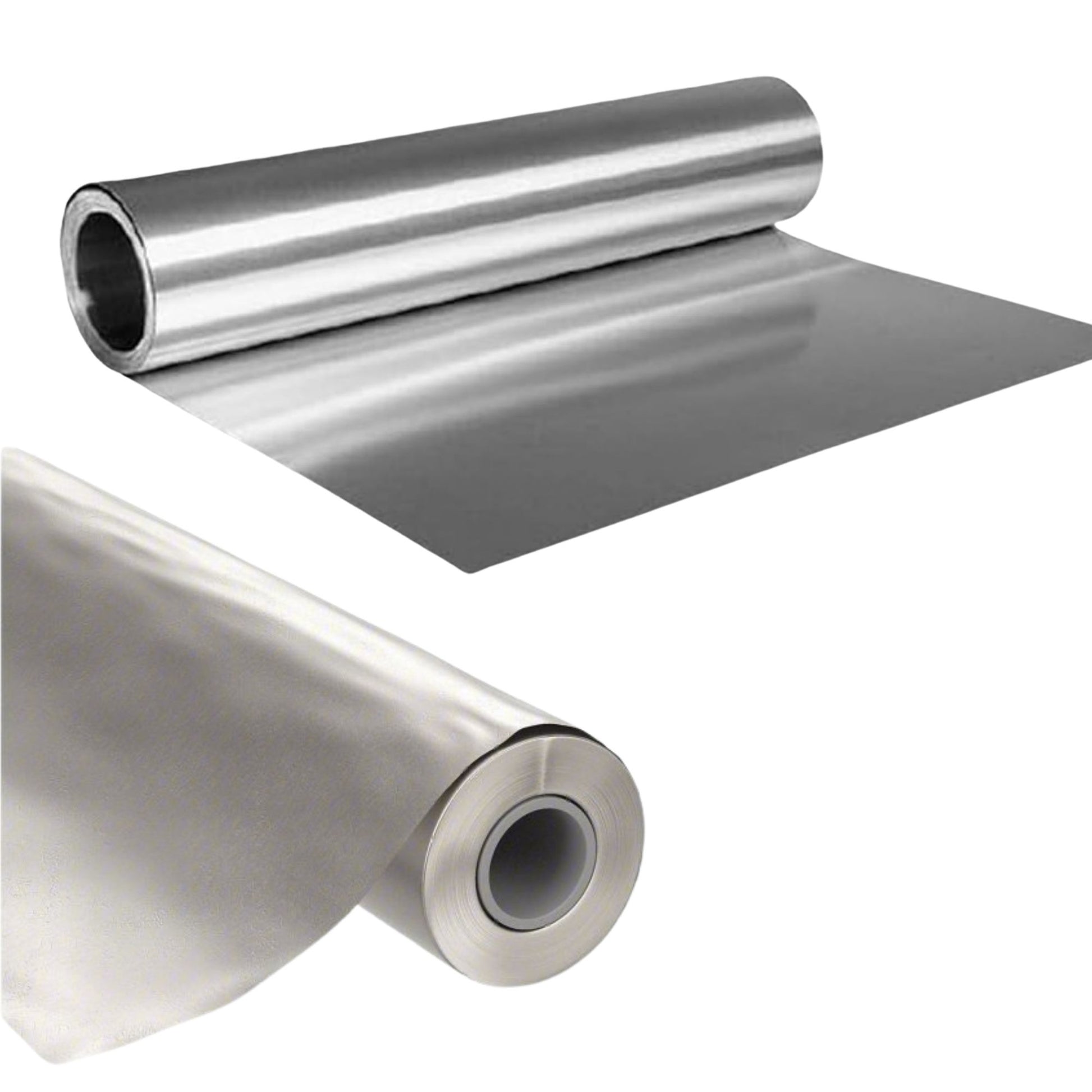 Two rolls of metallic silver sheet metal on a white background
