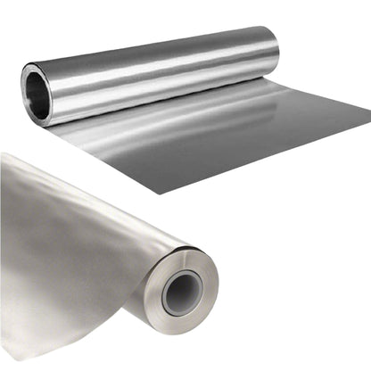 Two rolls of metallic silver sheet metal on a white background