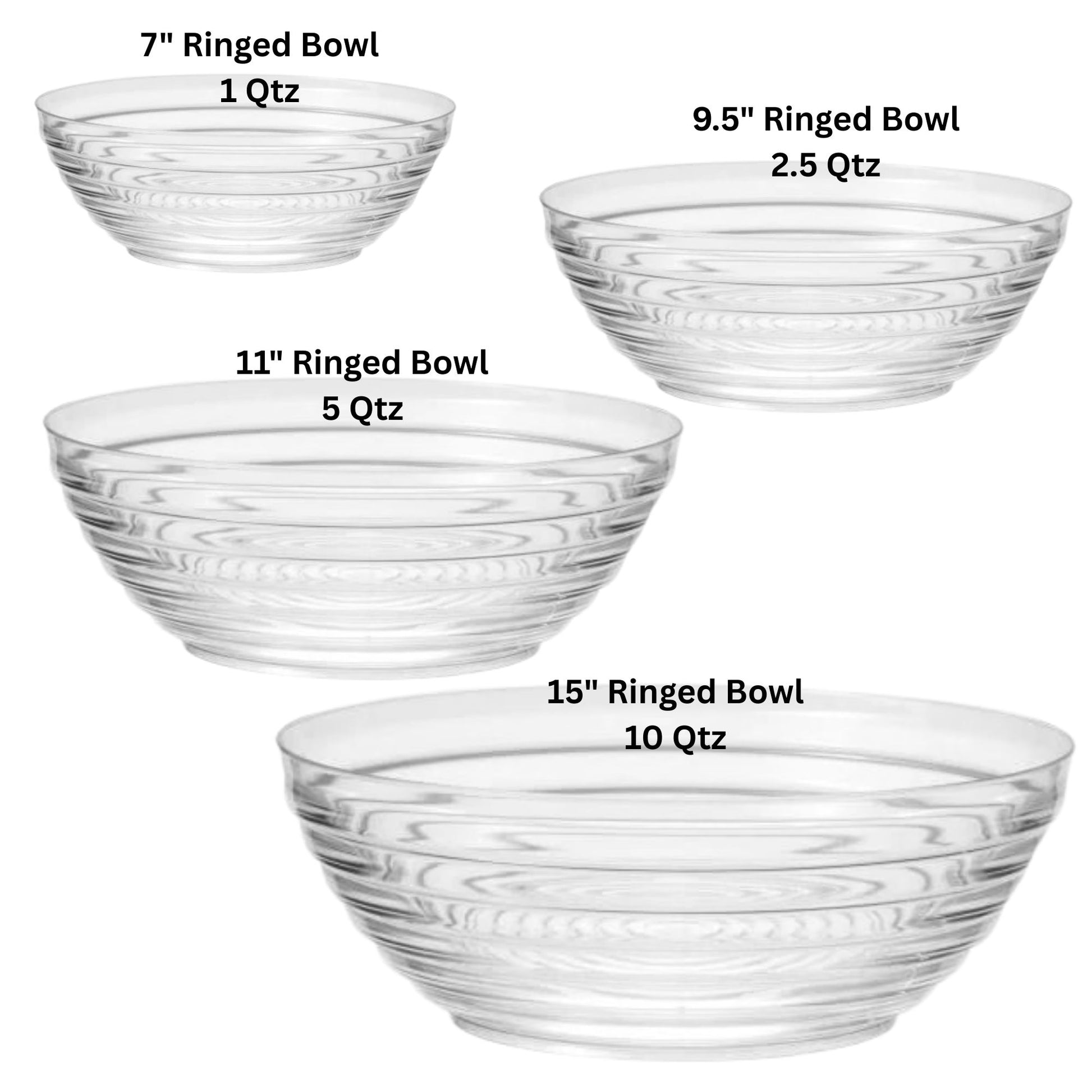 Set of five clear ringed bowls with measurements on a white background