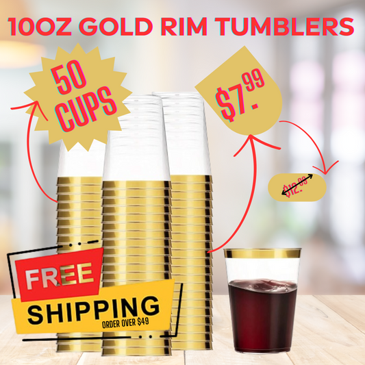 BULK Plastic Disposable Cups Gold Rim Tumblers 10 oz Jumbo Pack Tumblers Blue Sky 50 Pieces