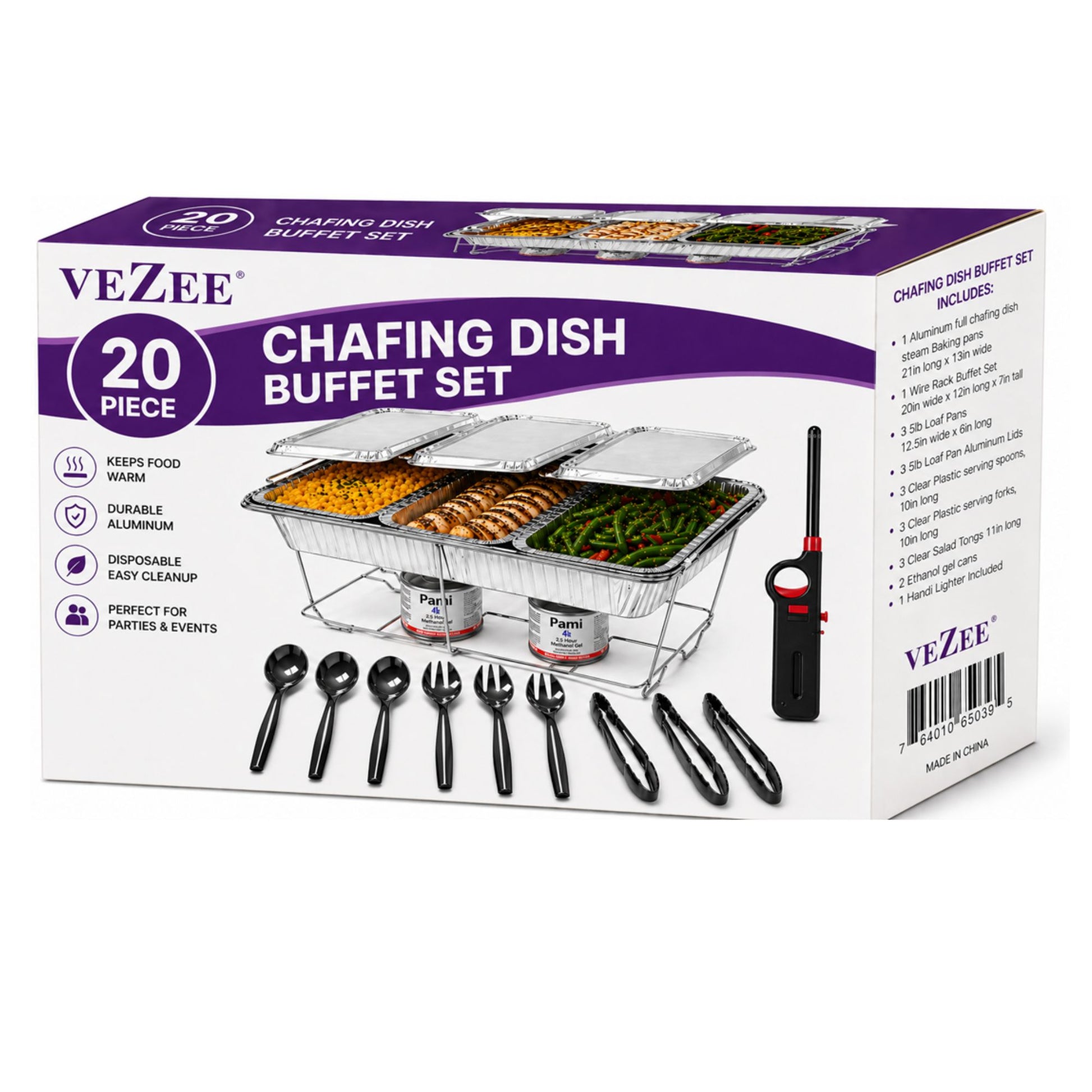 20 Piece Chafing Dish Buffet Set with 5LB Loaf Pans, Fuel & Utensils Disposable Catering Kit Disposable VeZee