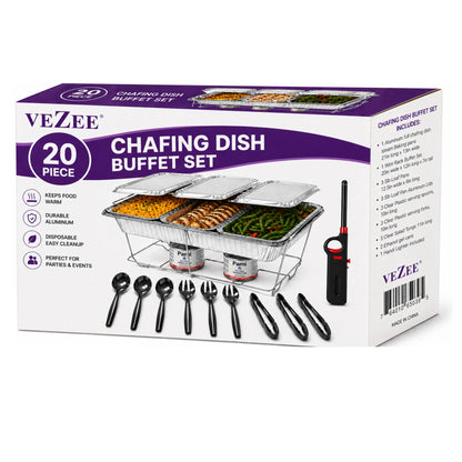 20 Piece Chafing Dish Buffet Set with 5LB Loaf Pans, Fuel & Utensils Disposable Catering Kit Disposable VeZee