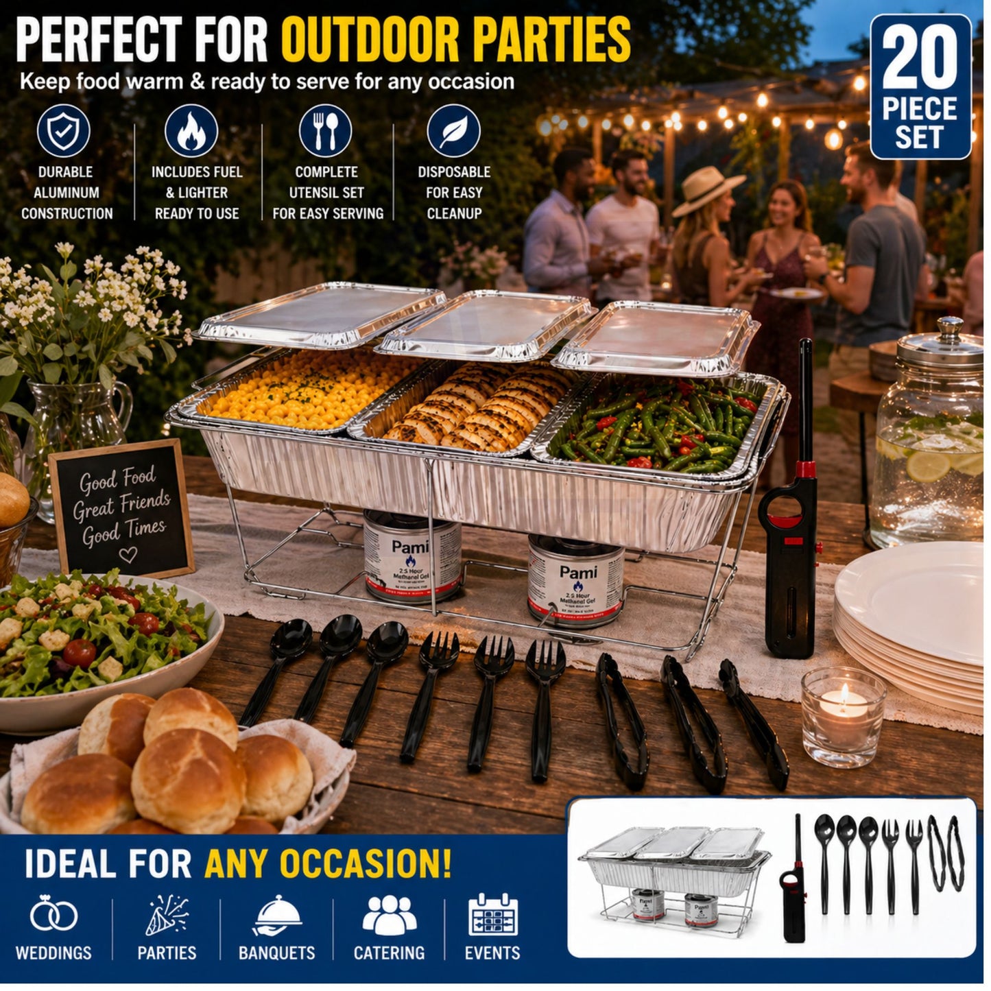 20 Piece Chafing Dish Buffet Set with 5LB Loaf Pans, Fuel & Utensils Disposable Catering Kit Disposable VeZee