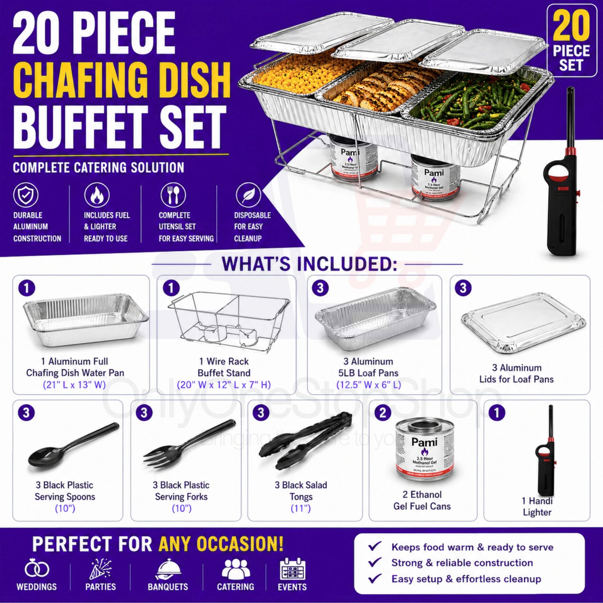 20 Piece Chafing Dish Buffet Set with 5LB Loaf Pans, Fuel & Utensils Disposable Catering Kit Disposable VeZee