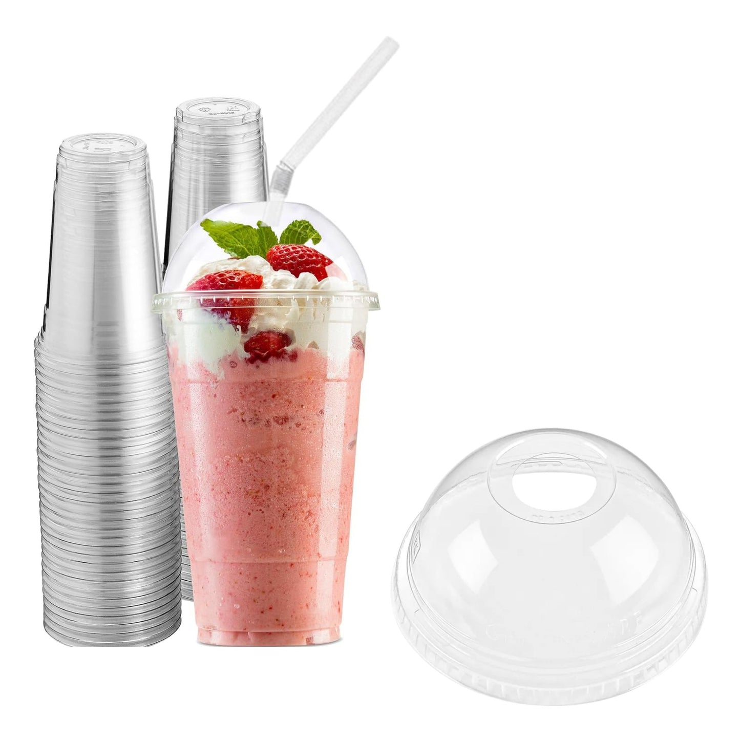 20oz Clear PET Plastic Cups with Dome Lid & Straw Smoothie Cups VeZee