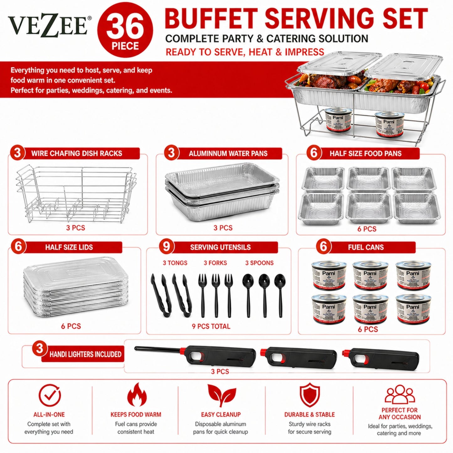 36 Piece All-in-One Chafing Dish Set for Catering & Events Disposable VeZee