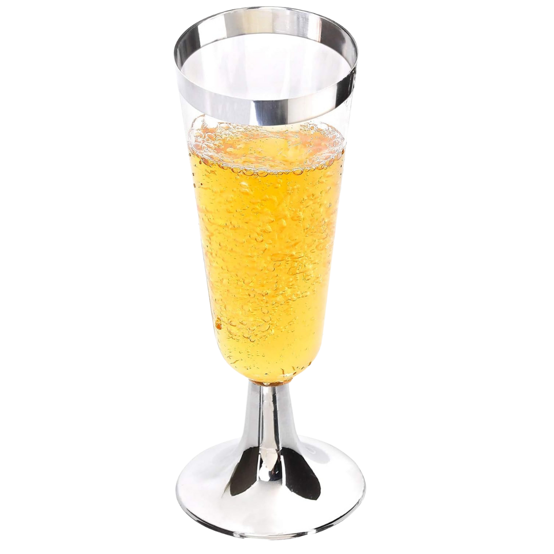 4.5oz Plastic 2-Pcs Champagne Flutes With Silver Rim & Bottom Champagne Flutes Lillian Tablesettings