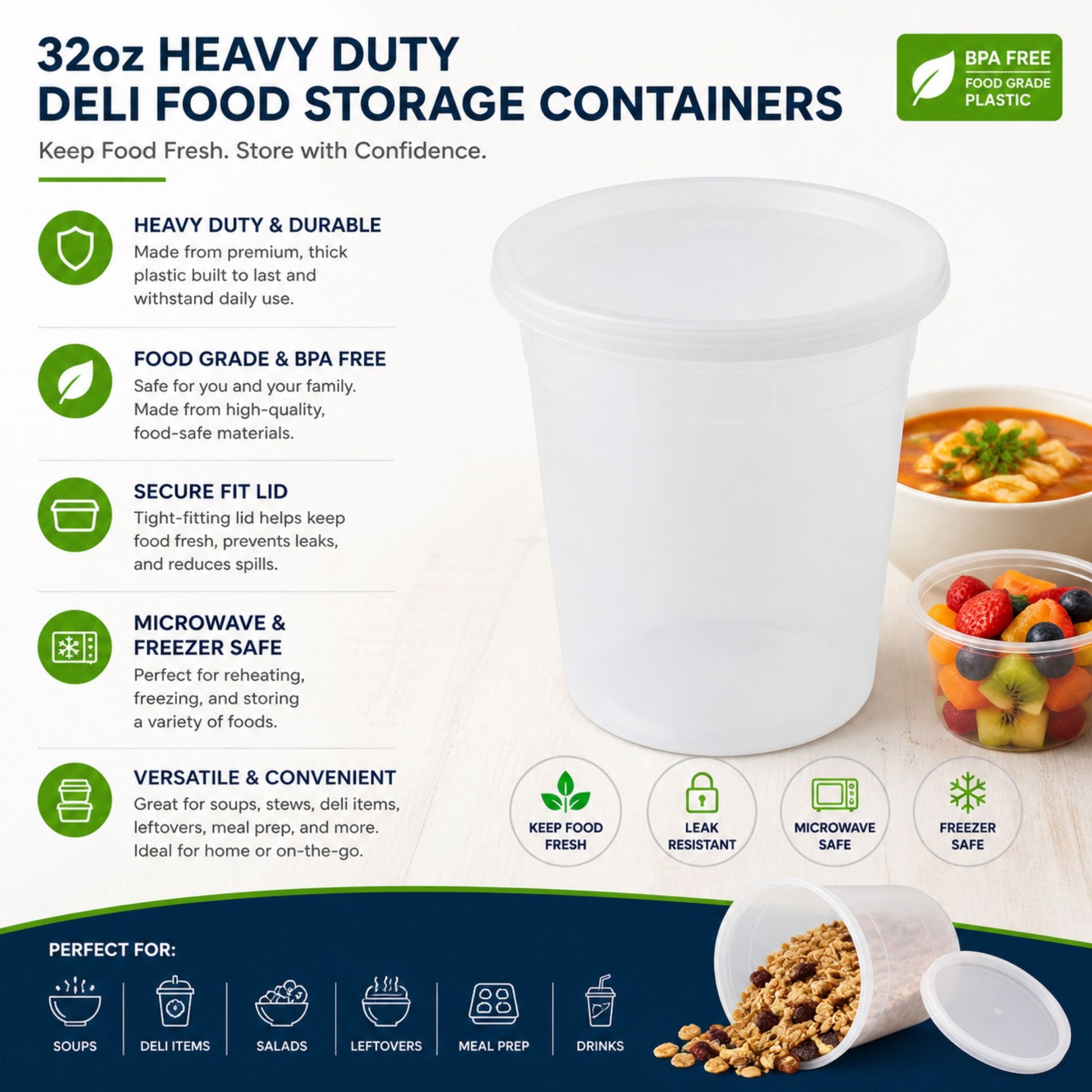 *WHOLESALE* 32oz Heavy Duty Plastic Disposable | Deli Containers with Lids Food Storage & Serving VeZee