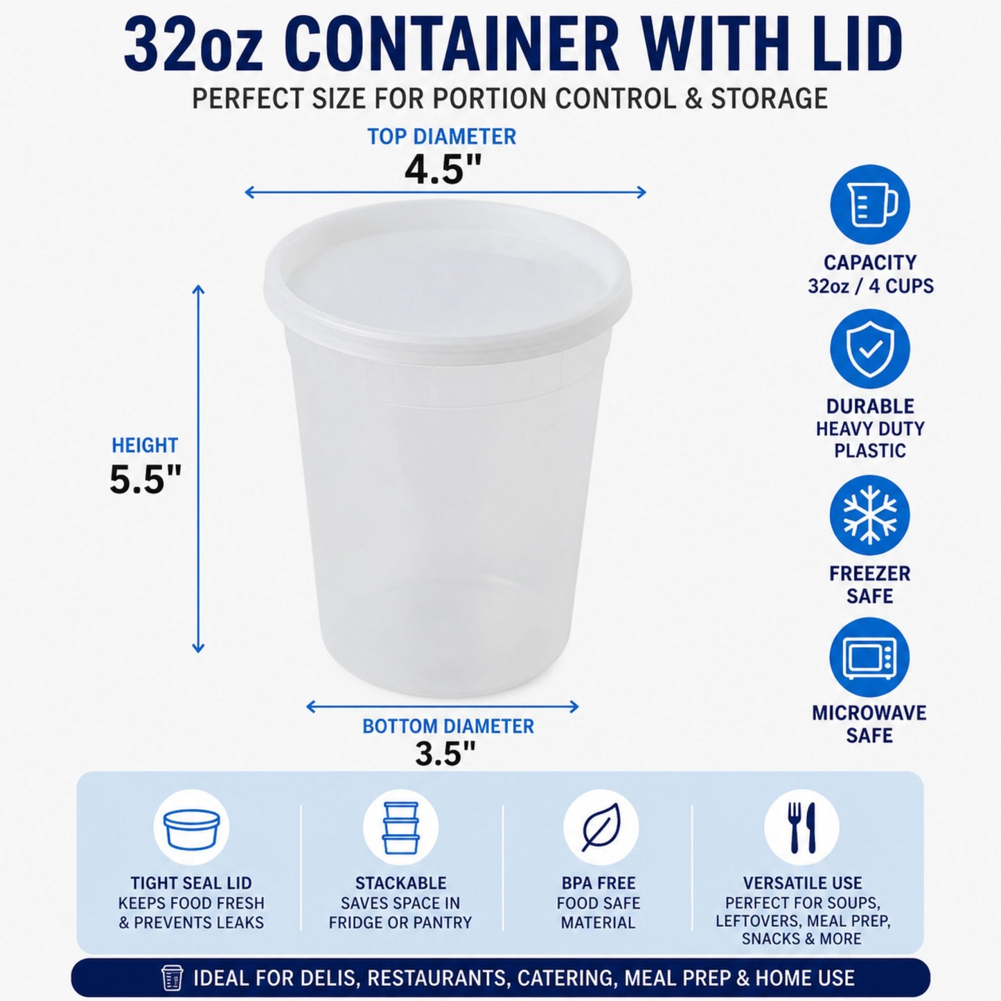 *WHOLESALE* 32oz Heavy Duty Plastic Disposable | Deli Containers with Lids Food Storage & Serving VeZee