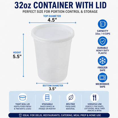 *WHOLESALE* 32oz Heavy Duty Plastic Disposable | Deli Containers with Lids Food Storage & Serving VeZee