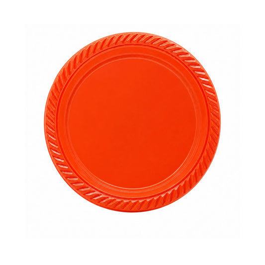 Orange plastic plate with textured rim on a white background