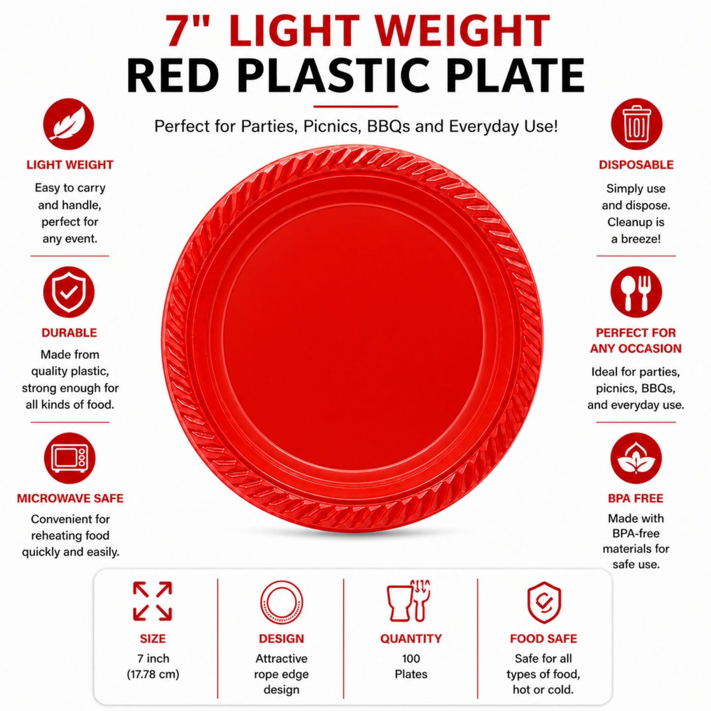 SALE 7" Light Weight Red Plastic plate 100 pieces Disposable Plates Ideal Dining