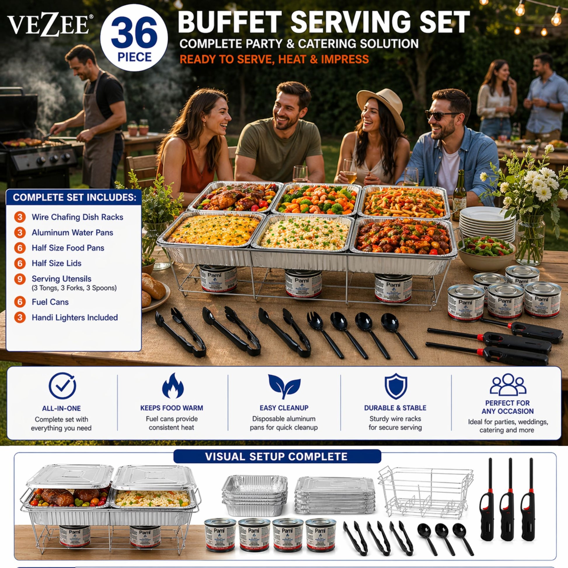 36 Piece All-in-One Chafing Dish Set for Catering & Events Disposable VeZee