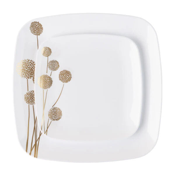 Plastic Dandelion Square Plates 7.25″ Fancy Disposable Appetizer Plate White/Gold. Tablesettings Blue Sky   