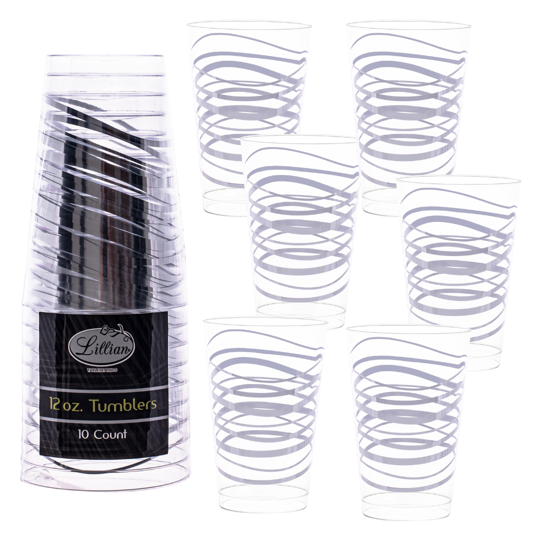 12oz Plastic Disposable Ripple Transparent Silver Cups Tumblers Lillian Tablesettings