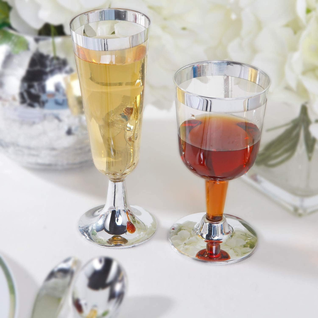 4.5oz Plastic 2-Pcs Champagne Flutes With Silver Rim & Bottom Champagne Flutes Lillian Tablesettings