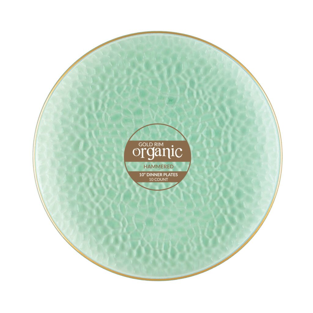 Organic Hammered Green Gold Rim 10″ Plates Tablesettings Blue Sky