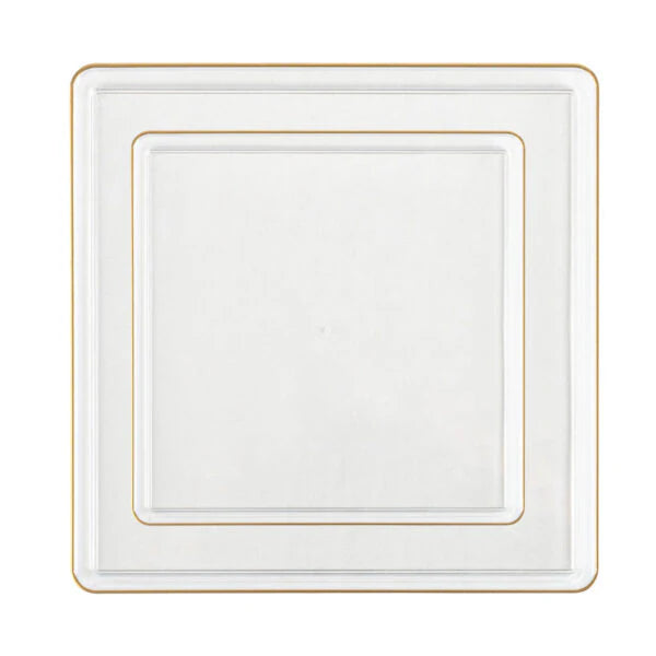 The Edge Collection 7.75" Clear with Gold Rim Square Plastic Plates Disposable Plates SIMCHA Collection