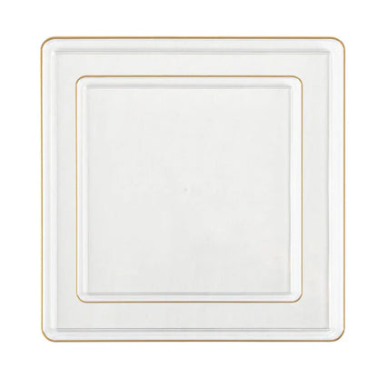 The Edge Collection 7.75" Clear with Gold Rim Square Plastic Plates Disposable Plates SIMCHA Collection