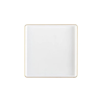 The Edge Collection 7.75" Transparent White with Gold Rim Square Plastic Plates Disposable Plates SIMCHA Collection