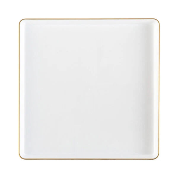 The Edge Collection 10.75" Transparent White with Gold Rim Square Plastic Dinner Plates Disposable Plates SIMCHA Collection