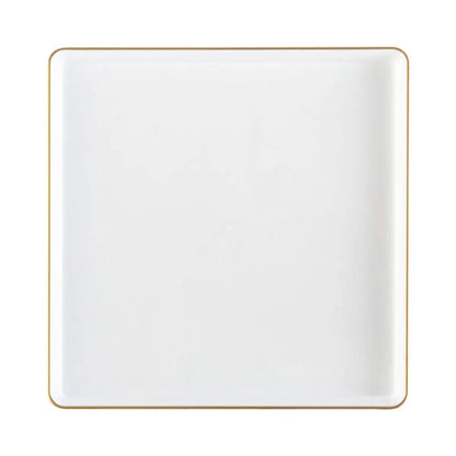The Edge Collection 10.75" Transparent White with Gold Rim Square Plastic Dinner Plates Disposable Plates SIMCHA Collection