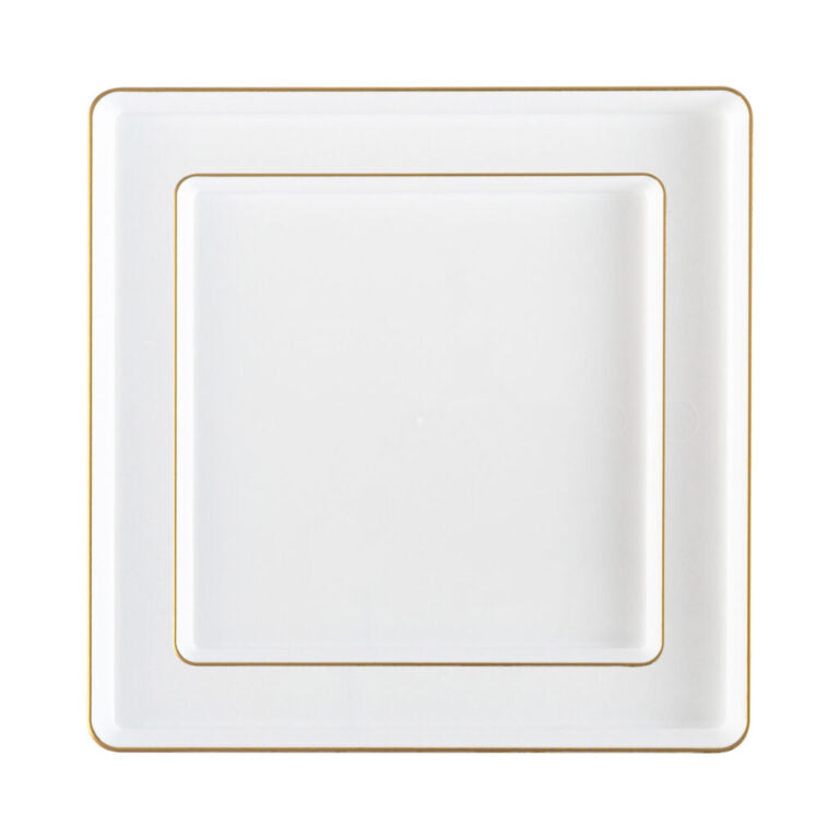 COMBO SET The Edge Collection 10.75" & 7.75" Square White With Gold Rim Plastic Dinnerware Combo Disposable Plates SIMCHA Collection