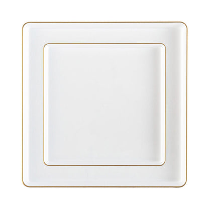 COMBO SET The Edge Collection 10.75" & 7.75" Square White With Gold Rim Plastic Dinnerware Combo Disposable Plates SIMCHA Collection