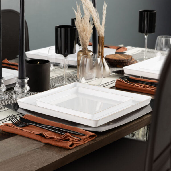 COMBO SET The Edge Collection 10.75" & 7.75" Square White With Gold Rim Plastic Dinnerware Combo Disposable Plates SIMCHA Collection