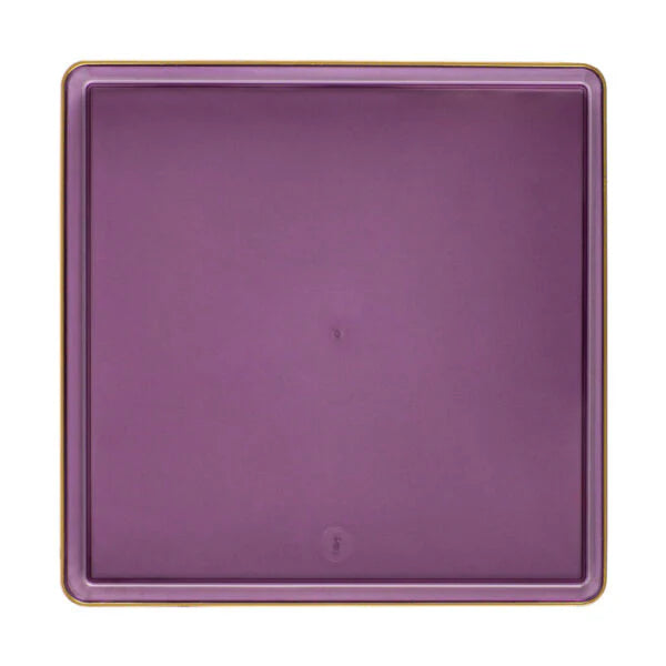 The Edge Collection 10.75" Transparent Purple with Gold Rim Square Plastic Dinner Plates Disposable Plates SIMCHA Collection