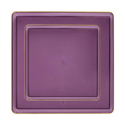 COMBO SET The Edge Collection 10.75" & 7.75" Square Purple With Gold Rim Plastic Dinnerware Combo Disposable Plates SIMCHA Collection