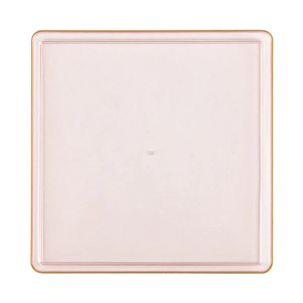The Edge Collection 10.75" Transparent Pink with Gold Rim Square Plastic Dinner Plates Disposable Plates SIMCHA Collection