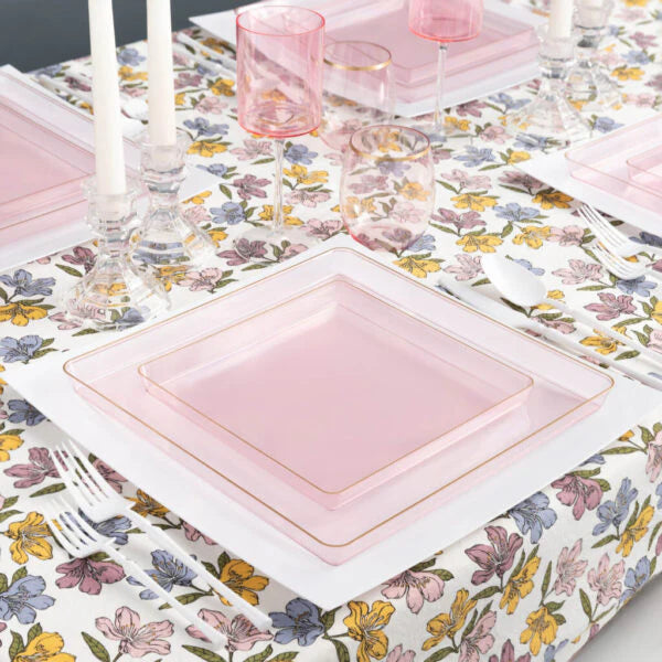 COMBO SET The Edge Collection 10.75" & 7.75" Square Pink With Gold RIme Plastic Dinnerware:20CT Combo Disposable Plates SIMCHA Collection