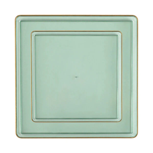 COMBO SET The Edge Collection 10.75" & 7.75" Square Green With Gold Rim Plastic Dinnerware Combo Disposable Plates SIMCHA Collection