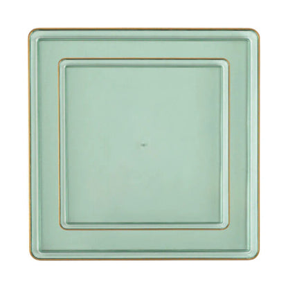 COMBO SET The Edge Collection 10.75" & 7.75" Square Green With Gold Rim Plastic Dinnerware Combo Disposable Plates SIMCHA Collection