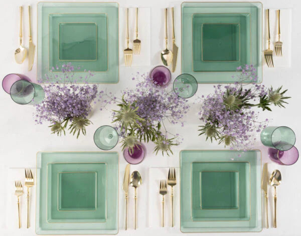COMBO SET The Edge Collection 10.75" & 7.75" Square Green With Gold Rim Plastic Dinnerware Combo Disposable Plates SIMCHA Collection