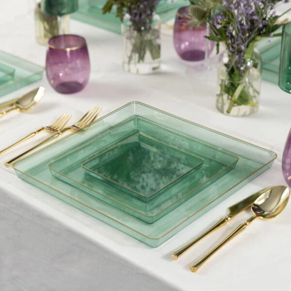 COMBO SET The Edge Collection 10.75" & 7.75" Square Green With Gold Rim Plastic Dinnerware Combo Disposable Plates SIMCHA Collection
