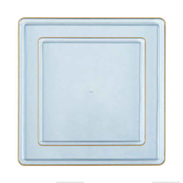 The Edge Collection 10.75" Transparent Blue with Gold Rim Square Plastic Dinner Plates Disposable Plates SIMCHA Collection