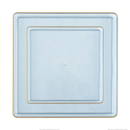 The Edge Collection 10.75" Transparent Blue with Gold Rim Square Plastic Dinner Plates Disposable Plates SIMCHA Collection