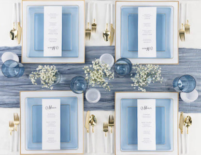 COMBO SET The Edge Collection 10.75" & 7.75" Square Blue With Gold Rim Plastic Dinnerware Combo Disposable Plates SIMCHA Collection