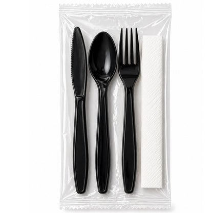 *WHOLESALE* 4 Piece Black Plastic Cutlery Set Heavy Weight 250 Sets/Case Disposable Cutlery VeZee