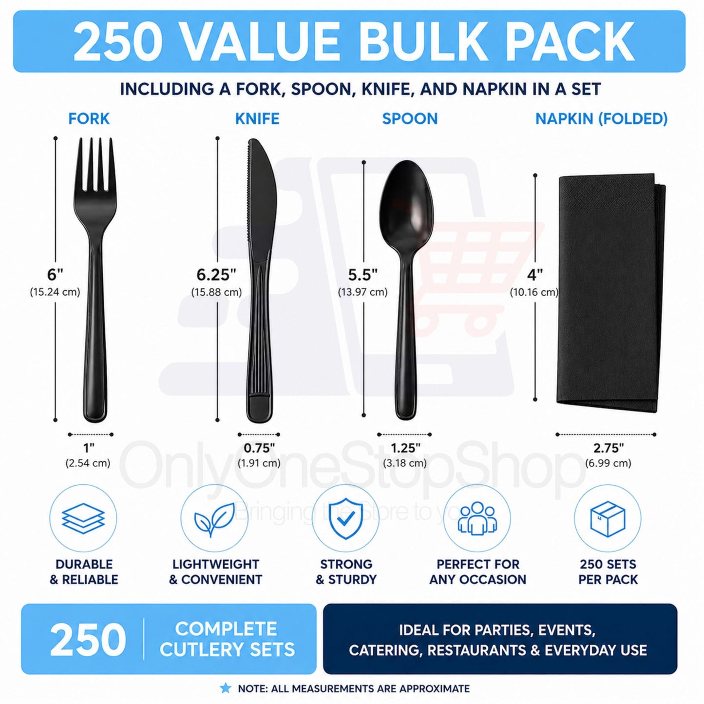*WHOLESALE* 4 Piece Black Plastic Cutlery Set Heavy Weight 250 Sets/Case Disposable Cutlery VeZee