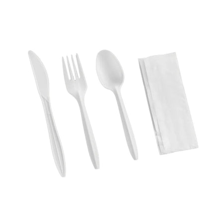 White Medium Weight Wrapped Polypropylene Plastic Cutlery Pack with Napkin Disposable Cutlery Vezee