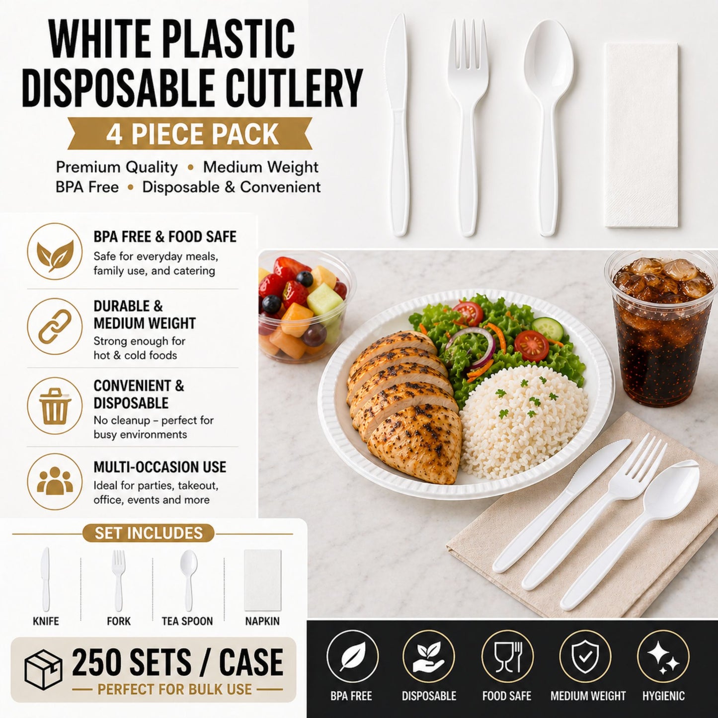 *WHOLESALE* 4 Piece Pack White Plastic Disposable Cutlery Medium Weight 250sets/Case Disposable Cutlery VeZee