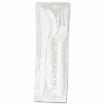 White Medium Weight Wrapped Polypropylene Plastic Cutlery Pack with Napkin Disposable Cutlery Vezee