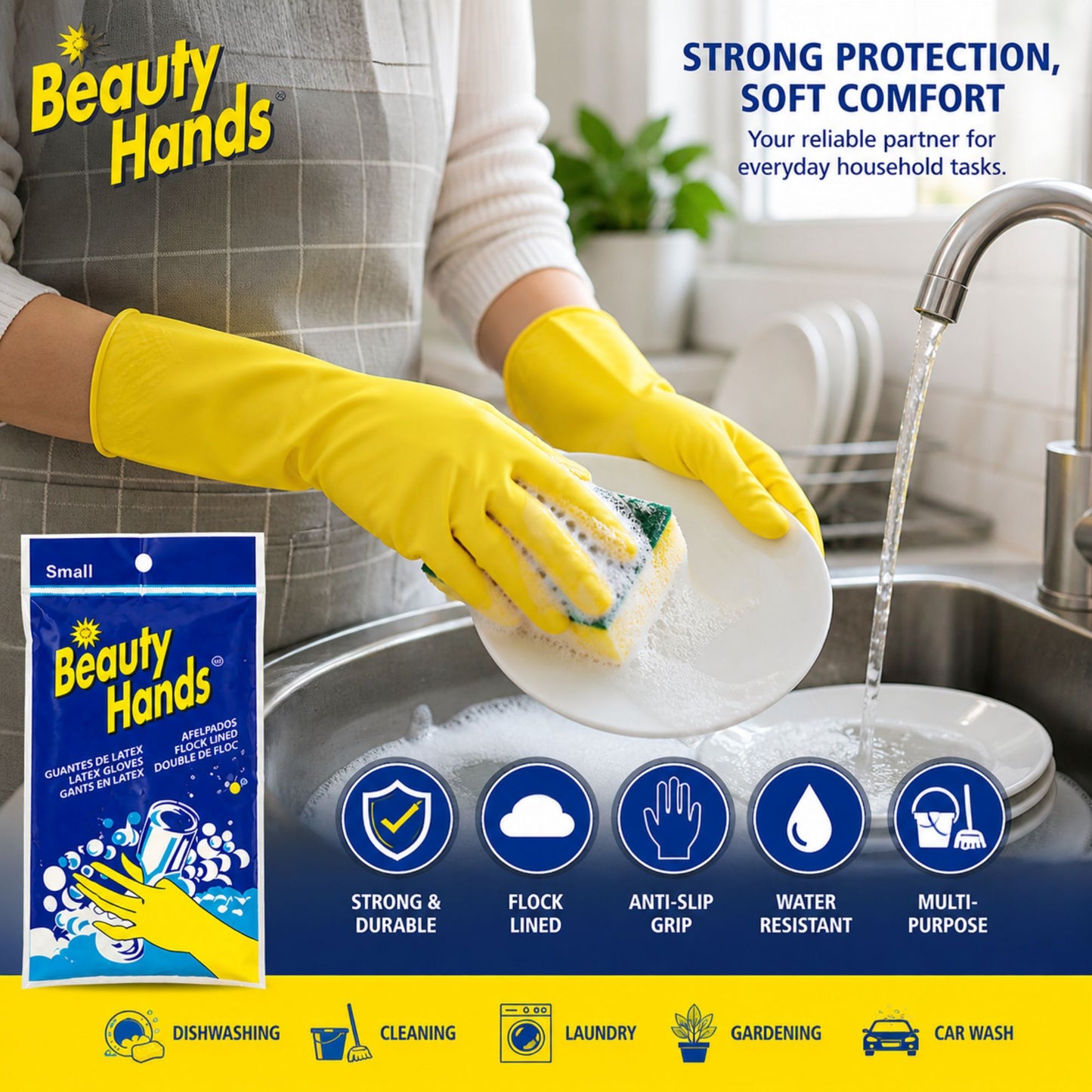 Latex Gloves Reusable Yellow Hand Cleaning Medium- 1 Pair Gloves VeZee