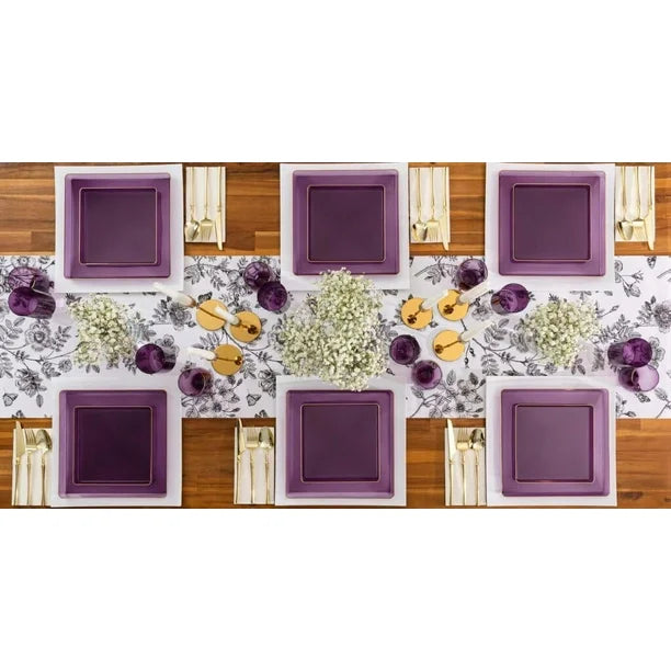 The Edge Collection 10.75" Transparent Purple with Gold Rim Square Plastic Dinner Plates Disposable Plates SIMCHA Collection