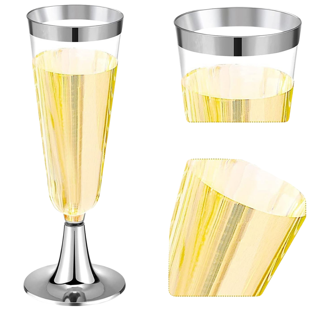 4.5oz Plastic 2-Pcs Champagne Flutes With Silver Rim & Bottom Champagne Flutes Lillian Tablesettings