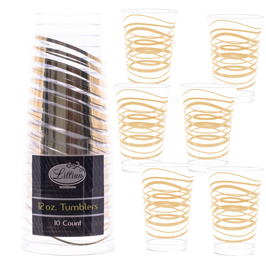 12oz Plastic Disposable Ripple Transparent Gold Cups Tumblers Lillian Tablesettings