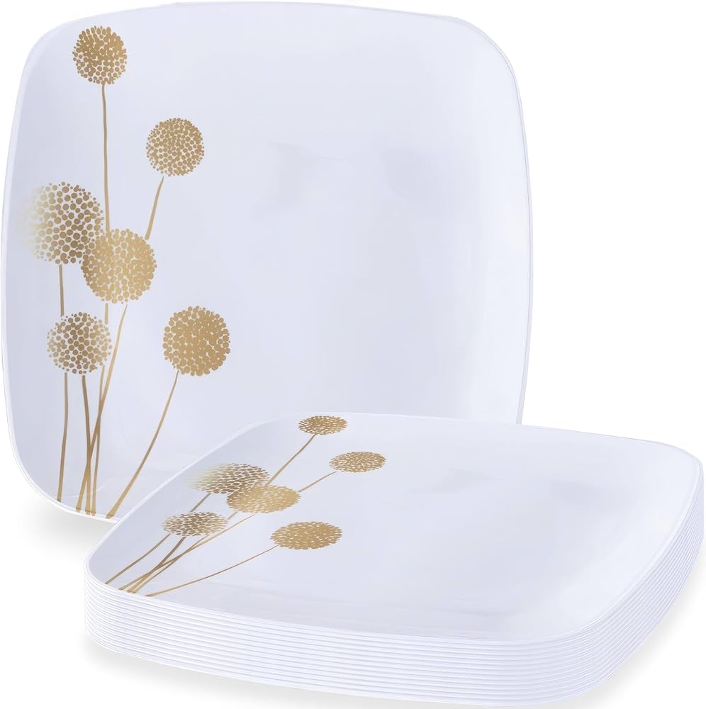 Plastic Dandelion Square Plates 10″ Fancy Disposable Dinner Plate White/Gold. Tablesettings Blue Sky